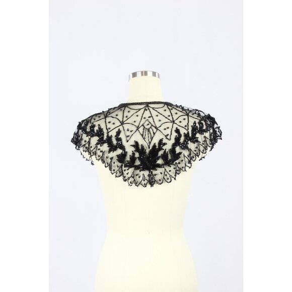 Vintage Black Beaded Sequin Embroidered Tulle Collar - Picture 3 of 14